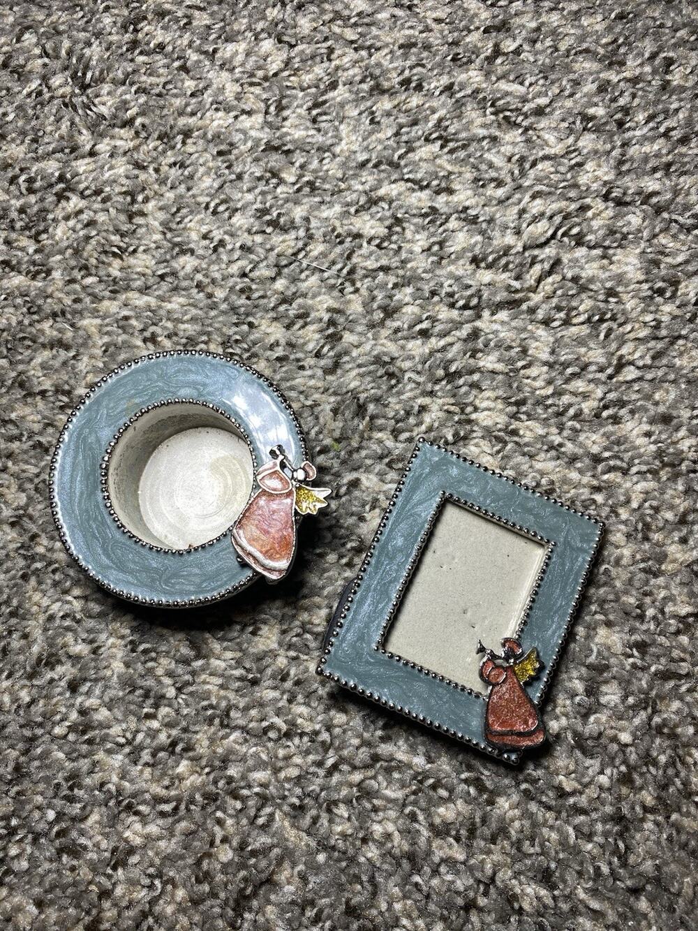 Green Enamelware Picture Frame & Candle Holder w/Tiny Red Angels Set of 2